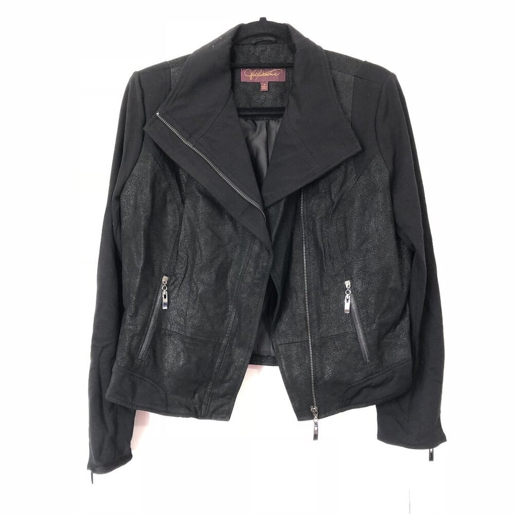 Hal Rubenstein Black Genuine Suede Leather Knit Moto Jacket Asymmetrical Size M